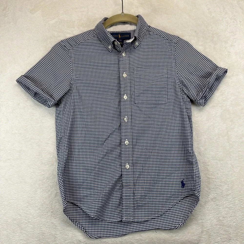 Ralph Lauren Boys Gingham Shirt Blue Button Up Short Sleeve Small 8